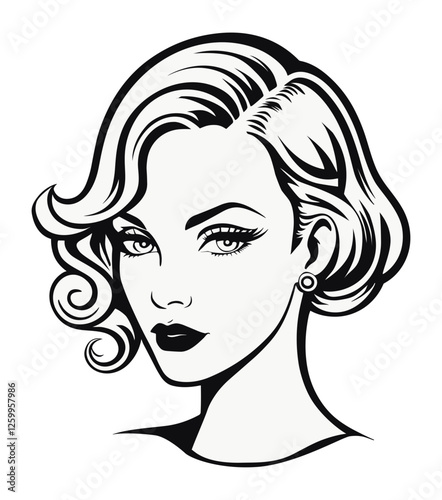 Woman face soft bob, medium length hair exquisite waves and curls in cinematic hairstyle 1930s