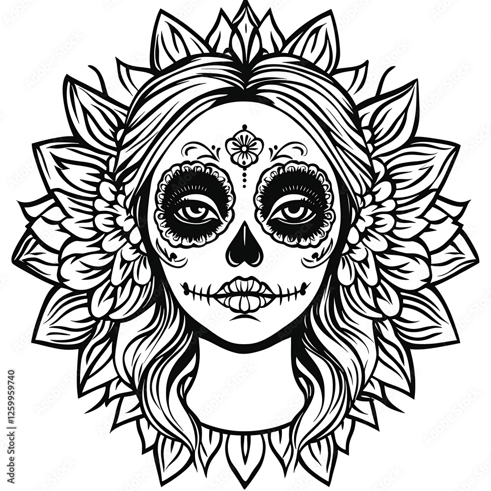 Fototapeta premium Intricate Day of the Dead Sugar Skull Woman with Flowers and Decorative Patterns