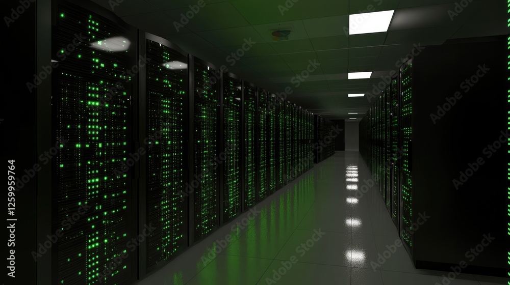 A D render of data servers in a high-security facility, with digital links showing connectivity. A D render of data servers in a high-security facility, with digital links showing connectivity.