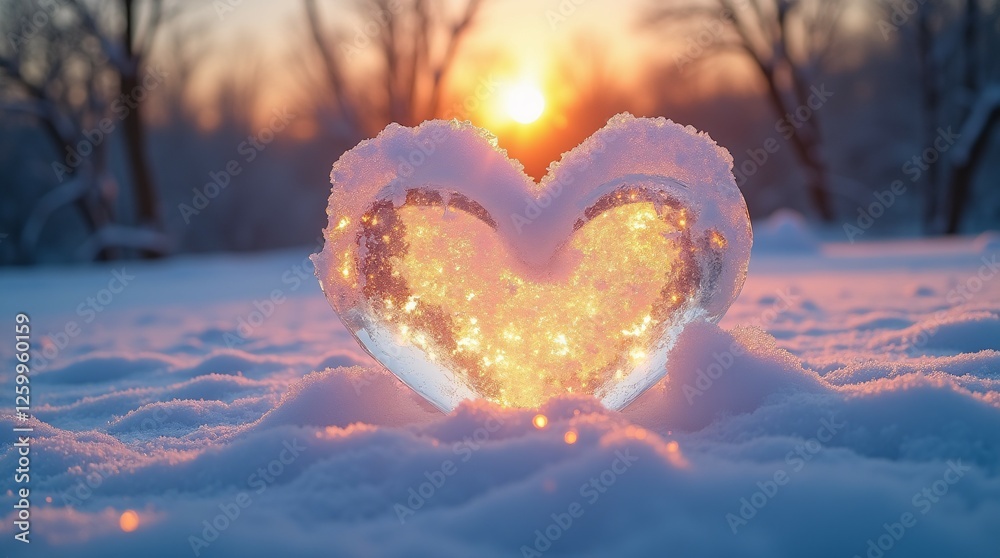 Fototapeta premium A Frozen Heart Shining With Warm Light Amidst a Snowy Winter Sunrise.