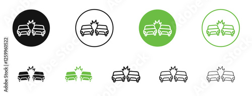Car crash icons in black and green colors collection