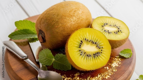 Golden Kiwis ? Raw yellow organic golden kiwis ready to eat. photo