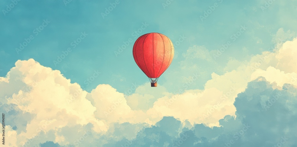 Naklejka premium Red hot air balloon soars through blue skies