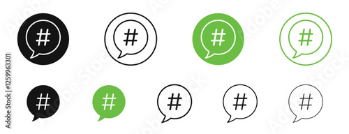 Hashtag icons in black and green colors collection