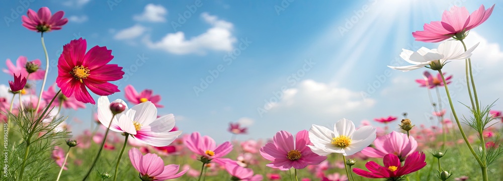A vibrant and lively summer scene of a field of flowers in full bloom: multicolored flowers cosmos against the blue sky with clouds.