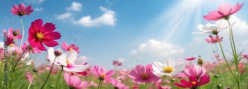 Obraz na płótnie A vibrant and lively summer scene of a field of flowers in full bloom: multicolored flowers cosmos against the blue sky with clouds. w salonie