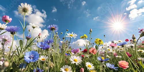 Colorful spring summer meadow flowers in nature outdoors.