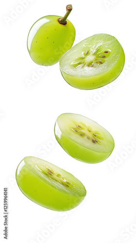 Wallpaper Mural flying sliced green grape with leaves isolated on transparent white background, clipping path Torontodigital.ca