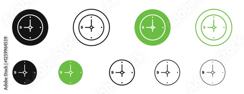 Clock nine icons in black and green colors collection