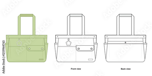 Kawaii Utility Tote Bag Technical Fashion Illustration. Durable Multi-Pocket Shoulder Bag Vector Template. Front and Back View. Chic style. With Star charm Embellishment. Pastel green. CAD Mockup Set.