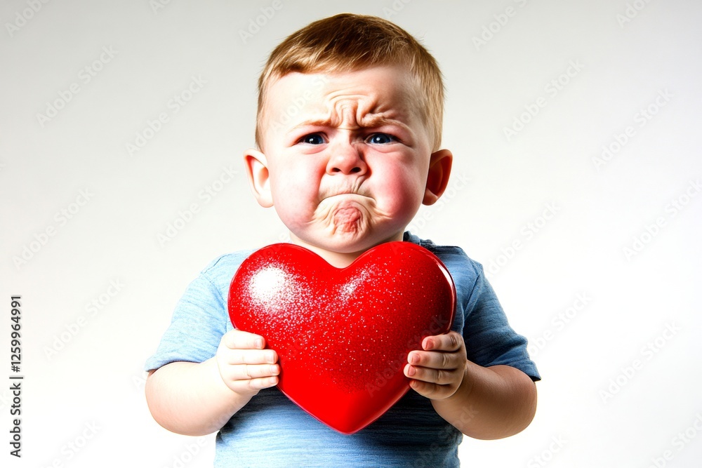 Sign of love. Commercial visual idea. Сhildren valentine's day greeting card: toddler boy with upset face holds red heart in hands. Family red heart photo. February romantic vibes. Sign of love. Commercial visual idea. Сhildren valentine's day greeting card: toddler boy with upset face holds red heart in hands. Family red heart photo. February romantic vibes.