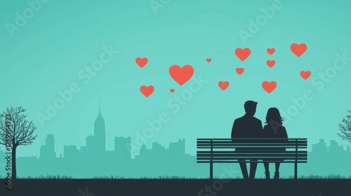 A couple sitting on a bench in a park, surrounded by red hearts floating in the air.
