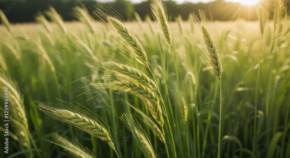 green oat spikes, their delicate awns and dangling anthers swaying gently in the breeze, set against a soft, green oat spikes, their delicate awns and dangling anthers swaying gently in the breeze, set against a soft,