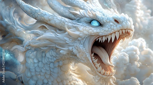 Majestic White Dragon Roaring Amidst Clouds Digital Fantasy Artwork