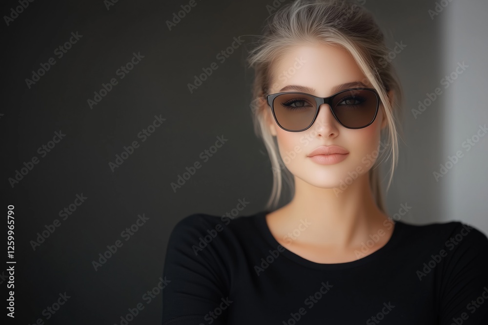 A glamorous monochrome close-up of a confident woman wearing stylish sunglasses.