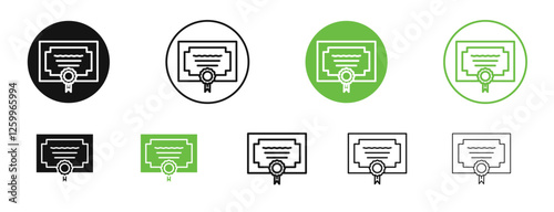 Diploma icons in black and green colors collection