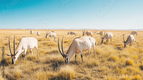 Wallpaper Mural A group of Addax antelopes grazing in a vast desert under a clear blue sky. Torontodigital.ca