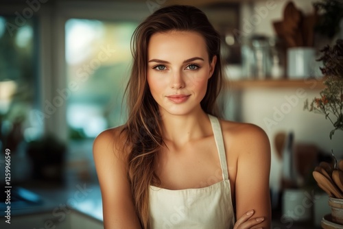 A young woman with long hair smiling while standing in a modern kitchen. Free Download A young woman with long hair smiling while standing in a modern kitchen. - GFXLoad