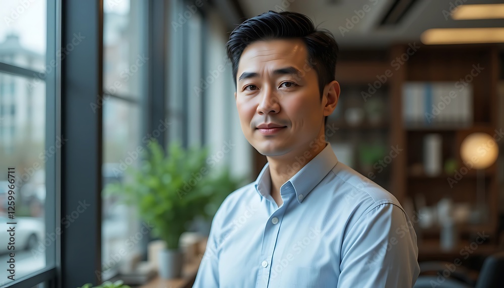 Fototapeta premium Portrait of a Confident and Successful Asian Businessman in Modern Office