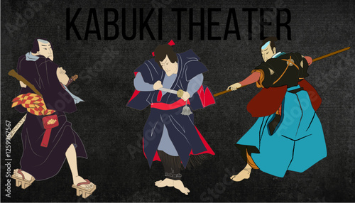Japanese kabuki theater warriors vector illustration. Japan men in kimono, ukiyo-e old style for kabuki art performance