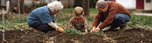 A heartwarming scene of an elderly couple and a young child gardening together, highlighting family bonds and the joys of nature and cooperation.