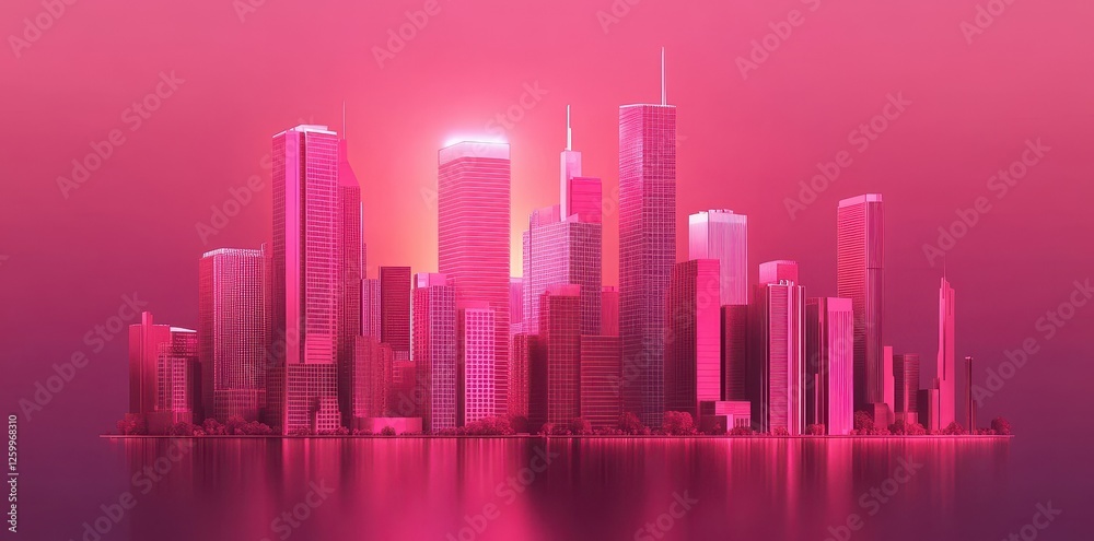 Pink futuristic cityscape reflects on tranquil water surface Pink futuristic cityscape reflects on tranquil water surface