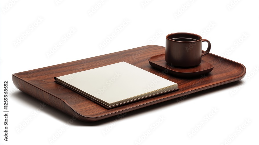 A minimalistic office desk with an elegant notebook, cup of coffee, and business planning documents. A minimalistic office desk with an elegant notebook, cup of coffee, and business planning documents.