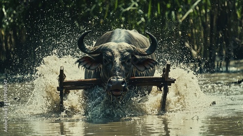 A majestic buffalo splashes through muddy waters, showcasing its strength and determination as it works hard in traditional farming practices. photo