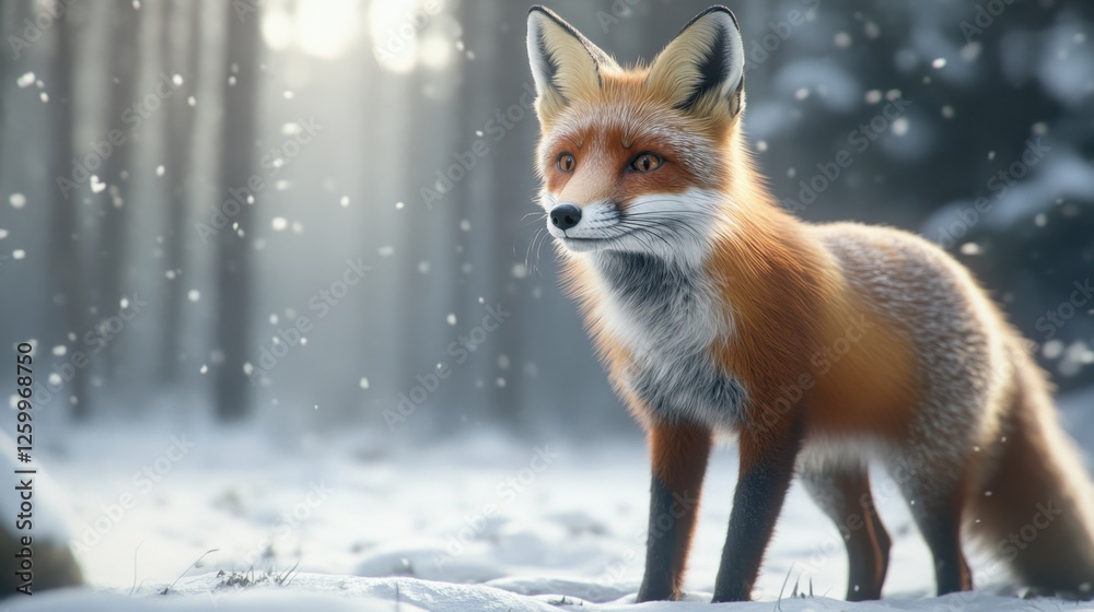 A red fox standing alert in a snow-covered forest, gazing into the distance. A red fox standing alert in a snow-covered forest, gazing into the distance.