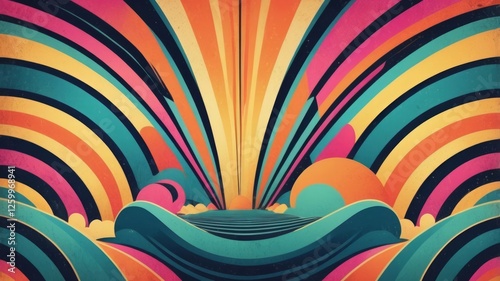 Wallpaper Mural Design a retro-inspired background with psychedelic elements, featuring vibrant colors and wavy lines, creating a hypnotic, fluid effect. Torontodigital.ca