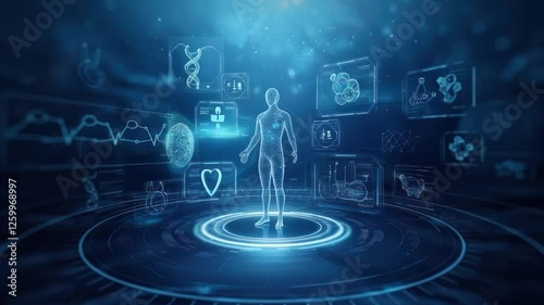 Digital human anatomy model with health data visualizations glowing in blue.