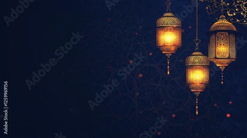 A radiant blue background illuminated by golden Islamic patterns. Ramadhan Karem. Copy space, banner background. photo