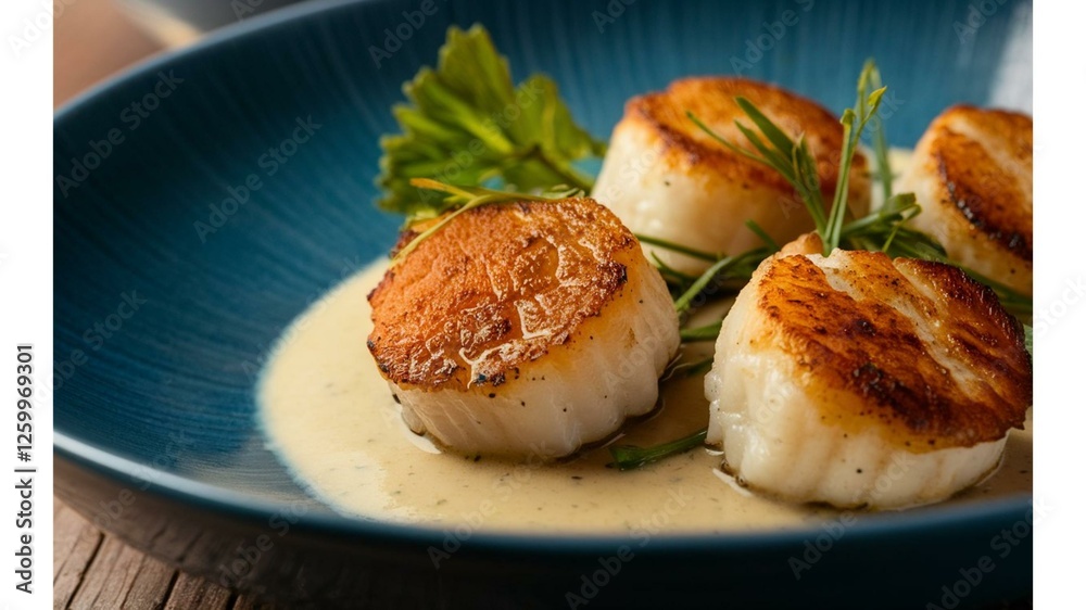 Seared Scallops: Delicate seared scallops with a golden-brown crust, served on a bed of creamy sauce Seared Scallops: Delicate seared scallops with a golden-brown crust, served on a bed of creamy sauce