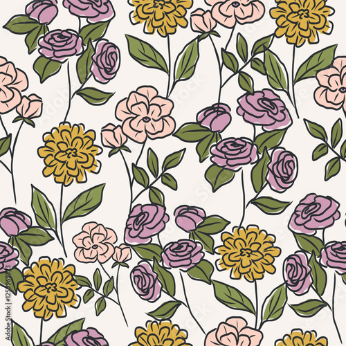 Line art flowers background. Trendy floral drawing