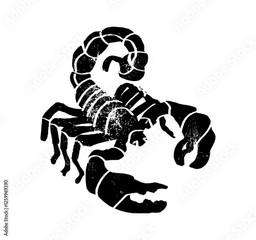 Black-and-white tribal-style illustration features a fierce and dynamic scorpion brought to life with intricate, sharp textured and symmetrical patterns.