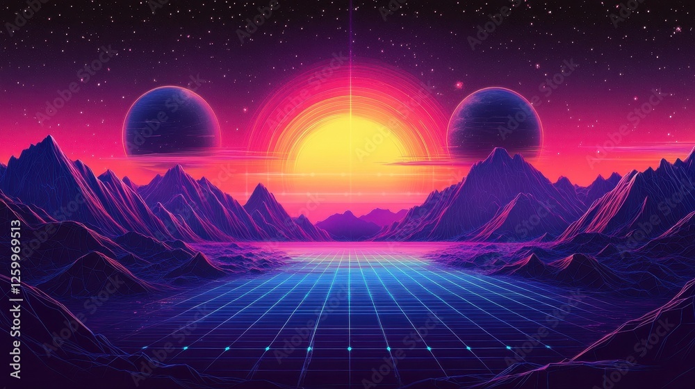 Naklejka premium Futuristic landscape showcases mountains planets grid and neon sun