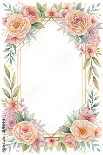 Invitation card frame with watercolor flowers, Wedding card with roses, Florals frame vintage card template