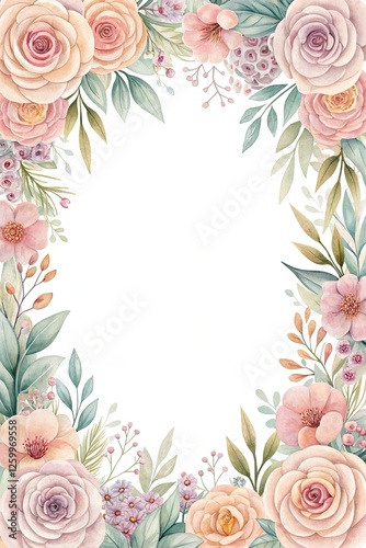 Invitation card frame with watercolor flowers, Wedding card with roses, Florals frame vintage card template