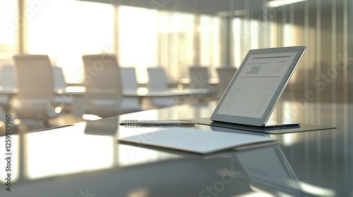 Wallpaper Mural A modern office space with a glass table, a tablet showing business insights, and an open notebook. Torontodigital.ca