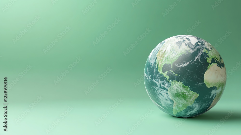 A 3D green Earth on the right against a pastel green backdrop symbolizes sustainability and eco-friendly design in a modern studio setting. A 3D green Earth on the right against a pastel green backdrop symbolizes sustainability and eco-friendly design in a modern studio setting.