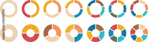 Pie chart color icons. Circle section graph. 1,2,3,4,5,6,7,8,9,10,11,12 segment infographic. Different color circles isolated. Segment slice sign. Infographic element round shape. Vector illustration