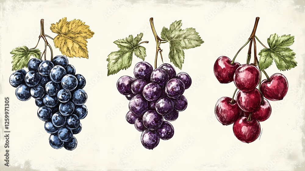 Fresh assorted berries illustration, ideal for food-related designs, highlighting a variety of berries in an artistic, appealing way. Book illustration style. Fresh assorted berries illustration, ideal for food-related designs, highlighting a variety of berries in an artistic, appealing way. Book illustration style.