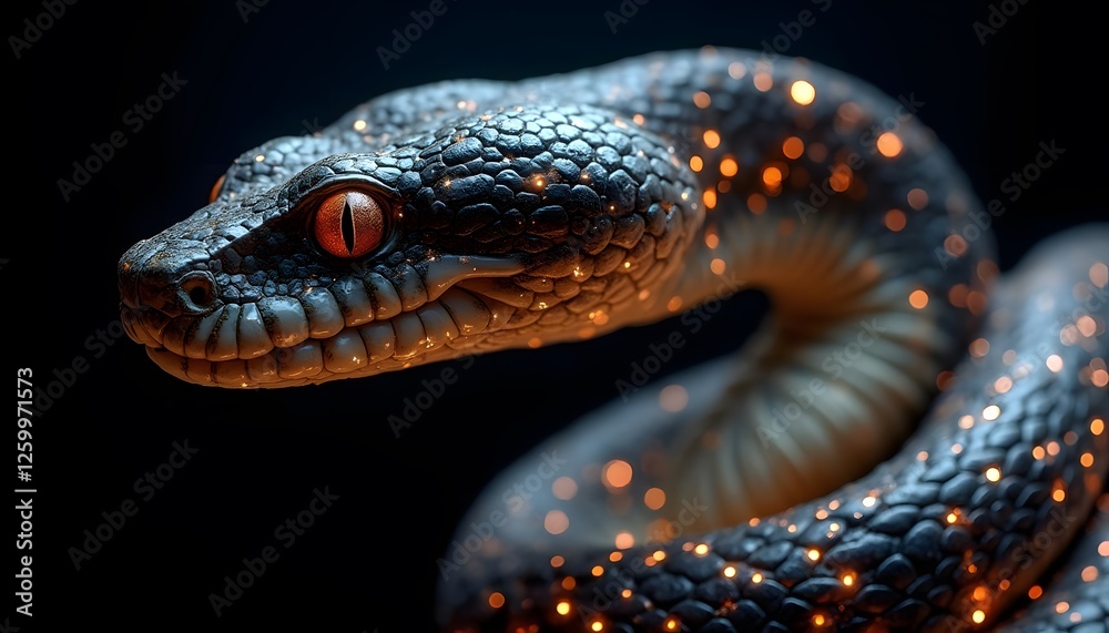 Fototapeta premium Glowing Snake Closeup Dark Background Digital Art