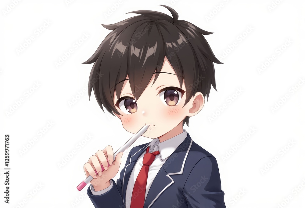 Pensive anime schoolboy holding a pen to his lips Pensive anime schoolboy holding a pen to his lips