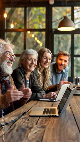 Joyful Multigenerational Family Using Laptops in Cafe