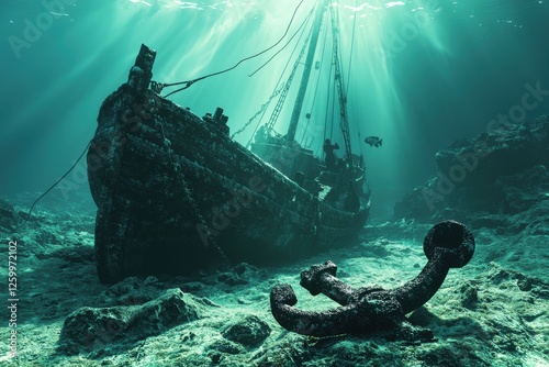 An artistic view of a shipwreck submerged in deep underwater, surrounded by sunlight filtered through the ocean, creating a serene yet haunting atmosphere. photo