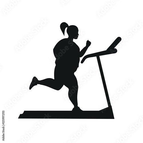 A black silhouette. Overweight girls running on a treadmill.