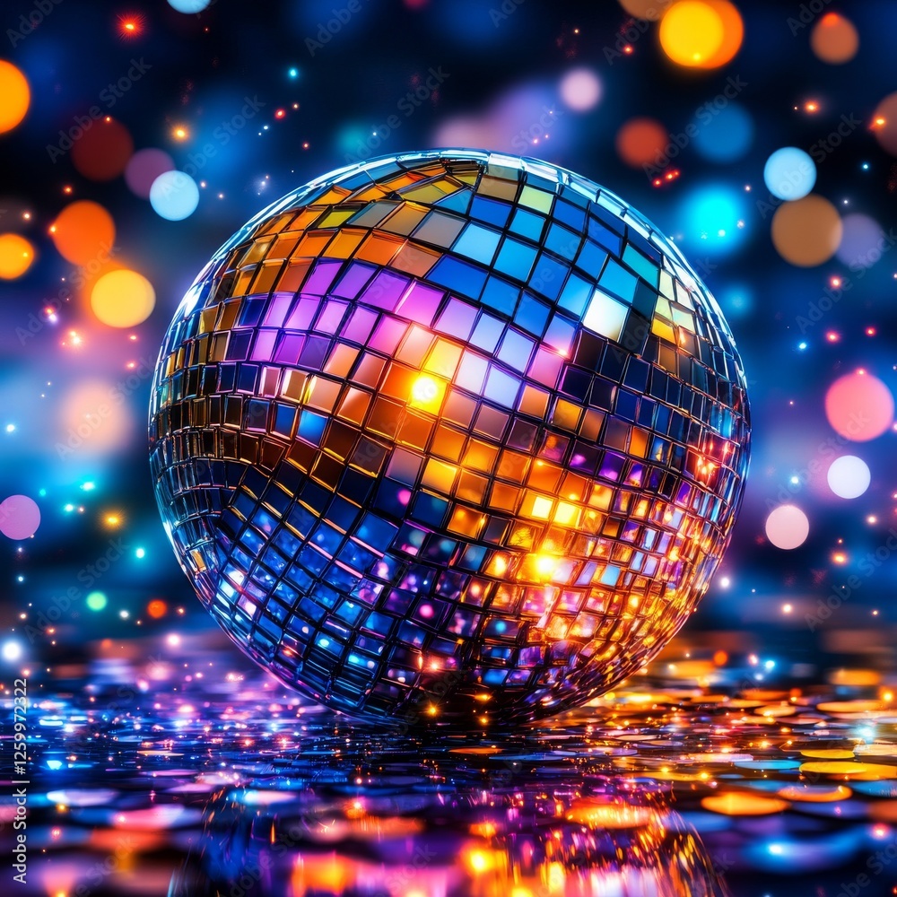 Fototapeta premium Close-up disco ball with multicolored light reflections. Generative AI