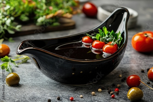 Gravy Boat. Rich Brown Sauce Stock for Vegetarian Cooking in Elegant Dinnerware