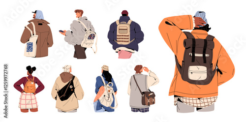 Set of people with backpacks set. Diverse men and women hold, carry different bags, knapsacks, rucksacks behind. Tourists travel with hand luggage backside. Flat isolated vector illustrations on white